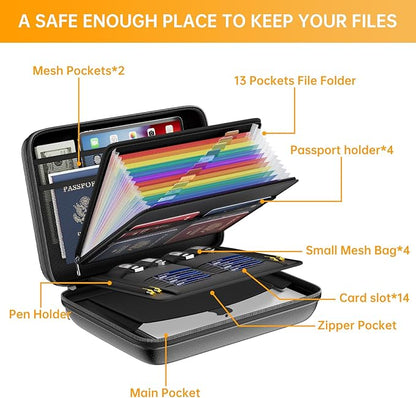 DocSafe Fireproof File Organizer with Lock, Hard-Shell Case Fireproof Document Box with 13 Pocket Accordion File Folder, Portable Home Office Travel Safe Storage for Important Documents Laptop Black