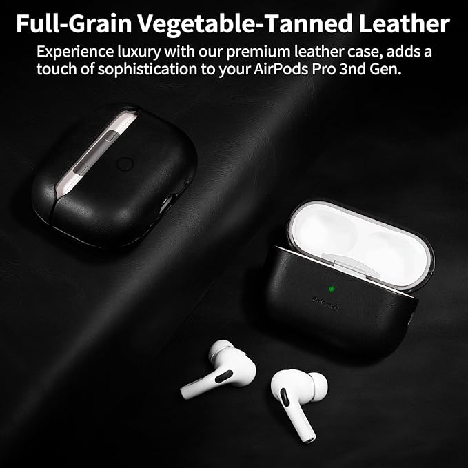 Belemay Handcrafted Full-Grain Vegetable-Tanned Leather Case for AirPods Pro 3rd Gen (2025), Classy Two-Tone Effect, Natural Patina, Compatible with MagSafe, Compatible with Airpods Pro 3, Black
