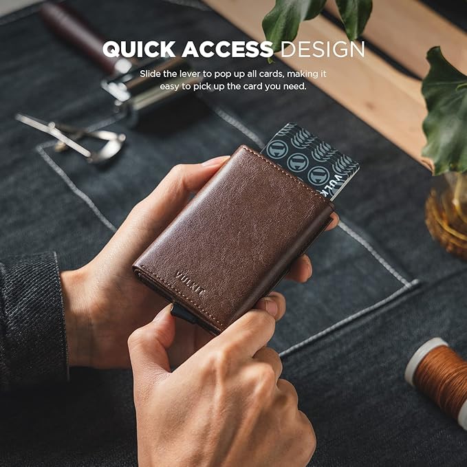 VULKIT Pop up Card Wallet Minimalist Cash Wallets RFID Blocking Leather Smart Credit Card Holder with ID window for Men (Espresso)