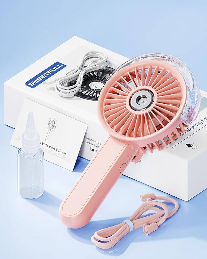 SWEETFULL Portable Misting Fan - 180° Foldable Handheld Personal Fan with Mist Spray, 3 Speeds, 30ml Water Tank, USB Rechargeable for Travel, Outdoors, Makeup, Camping, Home, and Office Use