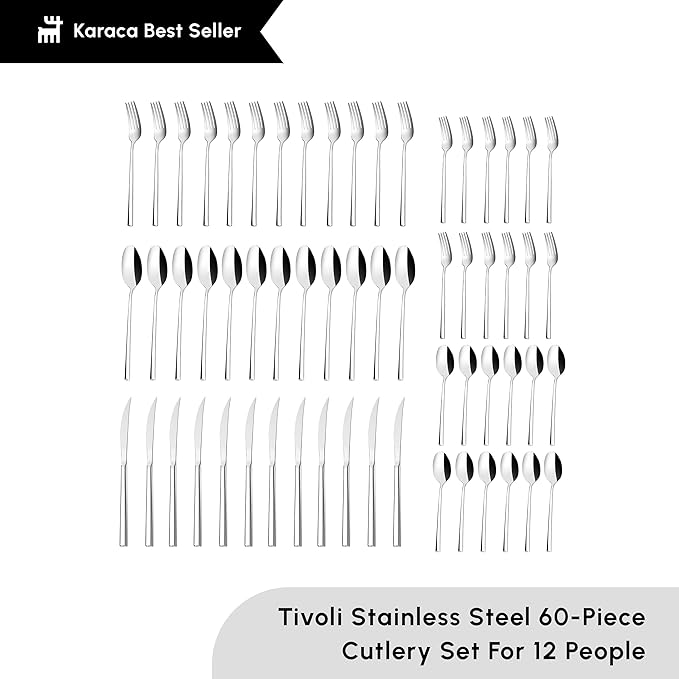 Karaca Tivoli 60 Pieces Cutlery Set for 12 Person - Forks, Spoon, Knives Silverware Sets - Modern Silver Flatware - Stainless Steel Kitchen Utensils Tableware Set - Dishwasher Safe