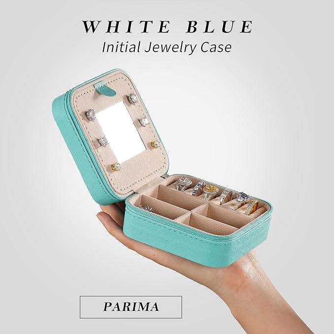 Parima Gifts for Mom - Small Travel Jewelry Box, Travel Jewelry Case with Mirror for Necklace Earrings Rings Organizer | Birthday Gifts Christmas Travel Gifts for Mom - Letter F, Aqua Blue