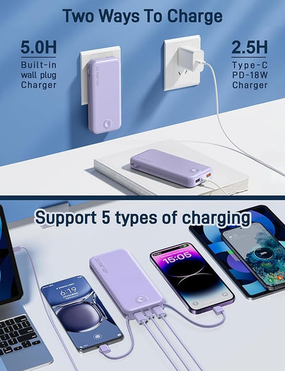 22.5W Super Fast Charging Portable Charger with Wall Plug,12000mAh USB-C Power Bank Built-in 2 Cable, Lightweight Phone Charger Travel Battery Pack for all iPhone, Samsung, Tablets