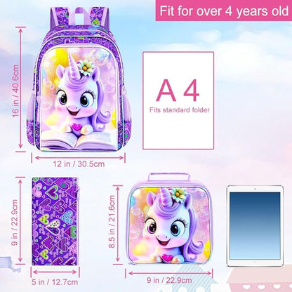 WZLVO 3PCS Unicorn Backpack, 16" Glittery UV Printing Girls Bookbag/School Bag with Lunch Box & Pencil Bag for Preschool to Elementary - Reading Unicorn Purple