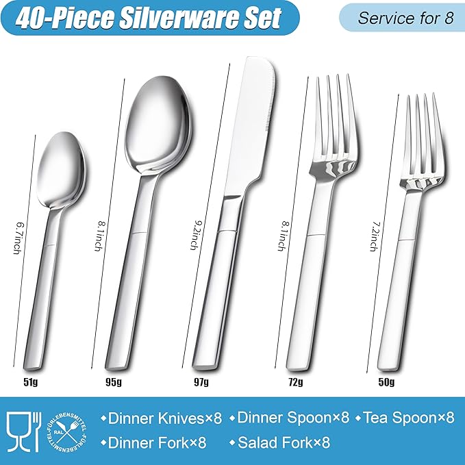 Heavy Duty Silverware Set, 40-Piece Flatware Set for 8, Stainless Steel Cutlery Set Mirror Polished Cooking Utensils Set for Home and Kitchen, Dishwasher Safe