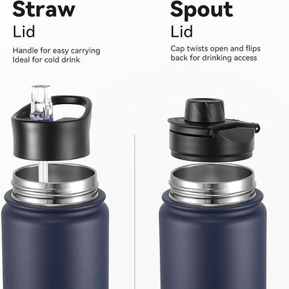 16 oz Insulated Water Bottle with Straw Lids, Stainless Steel Kids Water Bottles for School, Double Wall Vacuum Metal Water Bottle with Straw & Wide Mouth Lid, Navy 8 Pack