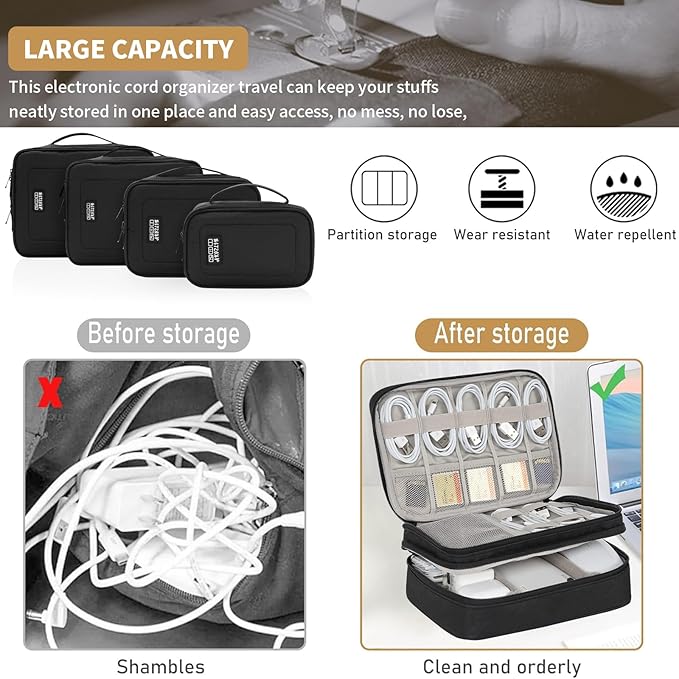 AKOZLIN Padded 4pcs/set Double Layer Travel Organizer Office Cord Cable Electronics Accessories Bag Electrical Cord Management Case Black