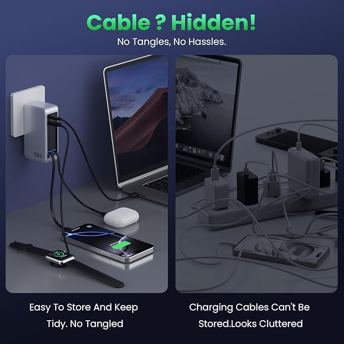 120W USB C Charger Block with 2 Built-in Retractable Cables,4-in-1 GaN IV Foldable Plug Wall Charger Fast Charging Station,PD 65W Laptop Adapter for MacBook/iPad,iPhone 17/16/15/14,Galaxy,Android etc