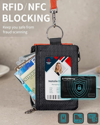 Minimalist Wallet For Mens Womens, Keychain RFID Blocking Zipper Small Wallet with ID Window 2 Lanyards,Water Resistant Travel Cash Card Coin Case Boys Girls