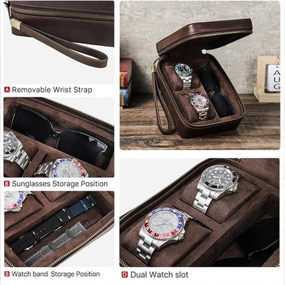 CONTACTS Full Grain Leather Watch and Glasses Case for Men Travel Jewelry Organizer for 2 Watches and Watch Straps or 1 Sunglasses Holder