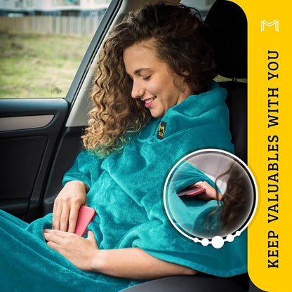 Travel Blanket Airplane Compact with Hoodie – 2in1 Airplane Travel Accessories from Plane Blanket to Travel Pillow with Luggage Strap, Soft Handle & Secure Pocket