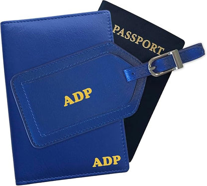 Personalized Monogrammed Cobalt Blue Leather RFID Passport Wallet and Luggage Tag