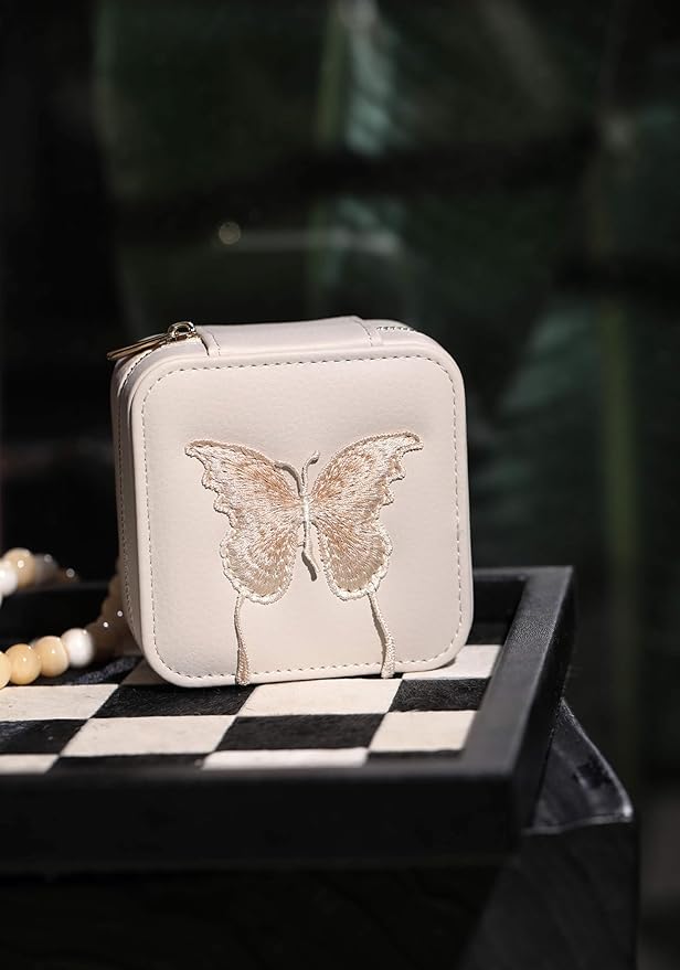 S.Leaf Travel Jewelry Organizer Boxes for Women Small Portable Necklace Earrings Bracelet Rings Travel Case Best Friend Birthday Gifts for Women Trendy (Butterfly_Beige_Gold)