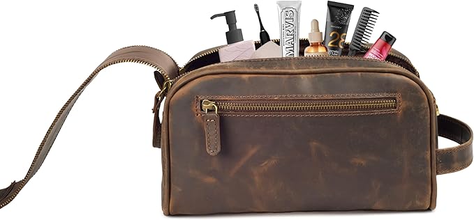 LEATHER VILLAGE Premium Leather Toiletry Travel Pouch With Waterproof Lining - Brown | King-Size Handcrafted Vintage Dopp Kit Bag, Shaving & Bathroom Organizer, Gift for Men & Women