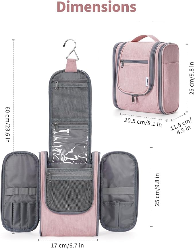 Narwey Small Hanging Toiletry Bag Women Travel Makeup Bag Organizer Toiletries Bag for Travel Size Essentials Accessories Cosmetics (Medium, Pink)