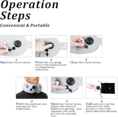 Inflatable Neck Pillow, Portable Travel Neck Pillow for Long Flight, Storable Gray Neck Pillows with Washable Cover, Adjustable Air-Fill Support