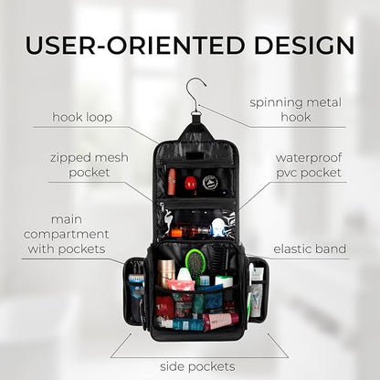 Travel Toiletry Bag for Men and Women - (10.6”x10.6”x3.2”) Large Hanging Toiletry Organizer - Waterproof Hygiene Bag with Metal XXL Swivel Hook, with Sturdy Zippers and 15 Compartments for Toiletries