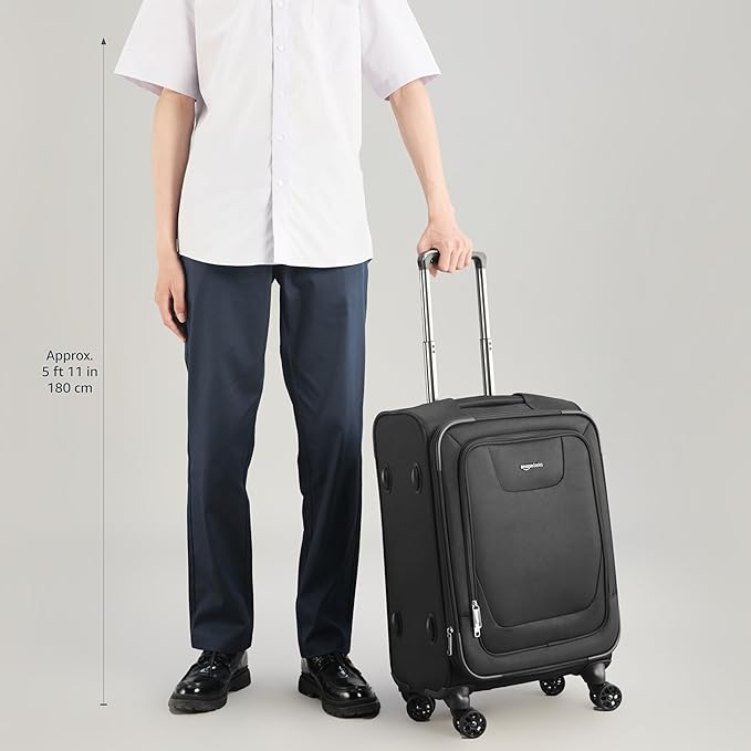 Amazon Basics 20" Luggage, Softside Suitcase With TSA Lock, 8 Spinner Wheels, Front Exterior Pocket, 3 Interior Pockets For Dry and Damp Clothes/Towels Separately, Black