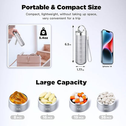 Zannaki Metal Travel Pill Organizer, Portable Waterproof Weekly Pill Box, Large Aluminum Alloy Pill Case Container, BPA Free 7 Day Daily Medicine Organizer Holder for Vitamin, Fish Oil, Supplement