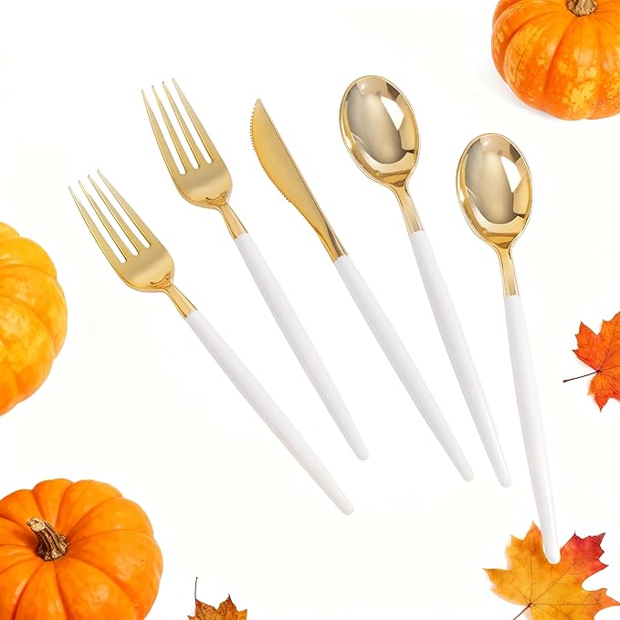 MirthMood 60 PCS Gold Plastic Silverware,Gold Silverware Disposable,Disposable Utensils Heavy Duty,Plastic Cutlery Set,Includes:20 Knives, Forks and Spoons for Party, Birthday,Wedding