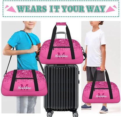 Personalized Kids Sports Duffel Bag with Name Custom Weekender Overnight Bag for Boys Girls Gym Bag Travel Dance Gymnastics Duffel Bag, DeepPink Glitter