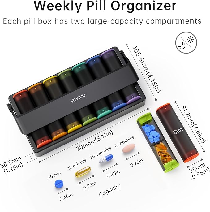 Weekly Pill Organizer 2 Times a Day, KOVIUU Large Travel Pill Box 7 Day, Am Pm Twice Daily Pill Case with Rotatable Handle, Pill Holder Container for Vitamin, Medicine, Supplement, Translucent-Black