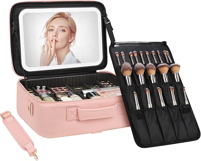 Chomeiu Makeup Bag with LED Mirror, Large Train Case for Makeup Artists, 16.2 inches Travel Professional Cosmetic Organizer with Light Up Mirror, 3 Color Lights, Brush Holder & Shoulder Strap (Pink)