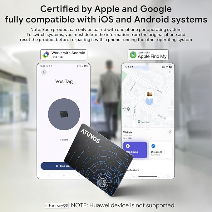 ATUVOS Dual System Air Card Tag Pro 2 Pack, Rechargeable Wallet Tracker Work with Android Google Find Hub or iOS Apple Find My APP (Huawei not Supported), Smart Finder Locator for Wallet/Luggage/Bag