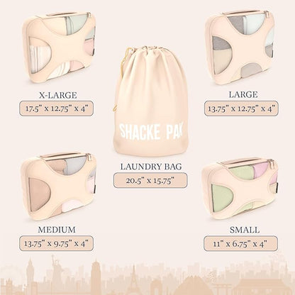 Shacke Premium 5 Packing Cubes Set - Lightweight Mesh Travel Luggage Organizers with Laundry Bag, 5-Piece Suitcase Storage System (Cream)