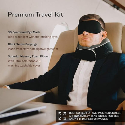 Proglobe Orthopedic Neck Pillow, Travel Neck Pillows for Airplanes, Memory Foam Kit, 360° Head Support, Airplane Pillow Set with 3D Contoured Eye Masks, Earplugs, and Luxury Mesh Bag (Black)