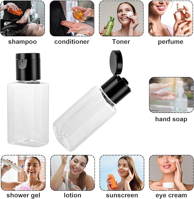 QTLCOHD 120 Pack 1 Oz Plastic Refillable Bottles with Flip Cap, Clear Empty Hand Sanitizer Bottles, Portable Reusable Containers with Lids for Shampoo,Body Soap,Toner and Lotion