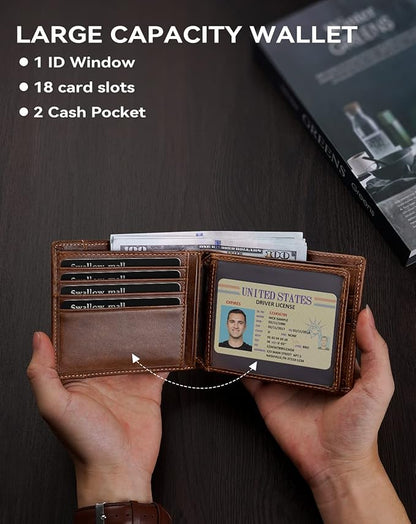 Swallowmall Leather Wallet for Mens Genuine Leather RFID Blocking Bifold Wallets with 1 ID Window 15 Card Slots