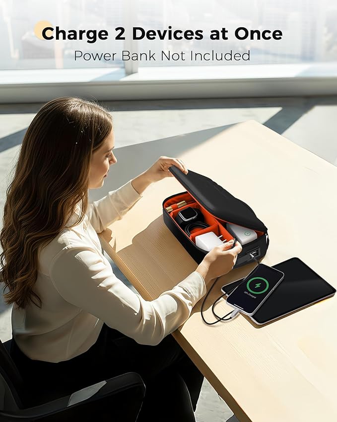 MATEIN Charger Cord Organizer with USB-C & USB-A Ports, Hardshell Cable Organizer Bag Cord Storage for Travel, Water Resistant 2-in-1 Electronics Case for Tech Accessories and Cosmetics, Black