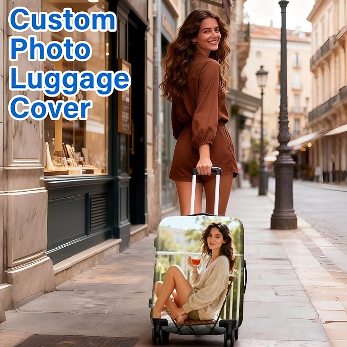 Custom Luggage Cover Personalized Photo Suitcase Protector - Add Your Photo, Name & Text, Double-Sided Design, Elastic & Washable Suitcase Protector Cover