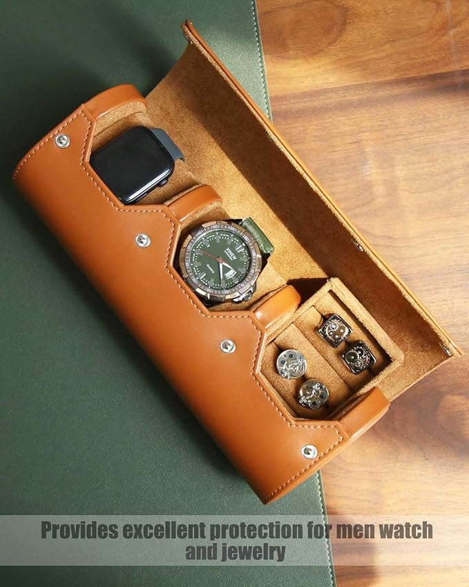 PU Leather Watch and Cufflink Travel Case - 2 Watch and Cufflink Organizer Set, Portable Storage Box for Men Gift