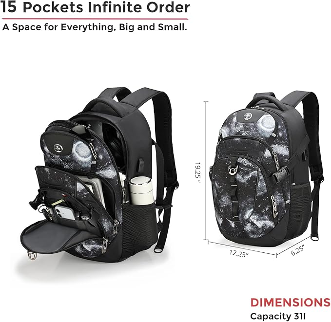 Swissdigital Laptop Backpack with USB Charging Port, Travel Backpack Fits 15.6 inches Computer, 31L Backpack for Men, Starry Sky | SD803-98