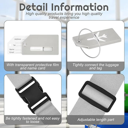 Weewooday 8 Pcs Luggage Straps Suitcase Tags Set for TSA Approved, 4 Travel Adjustable Suitcase Belt, 4 Silicone Luggage Tags with Name ID Card Travel Accessories(Light Gray,Airplane)