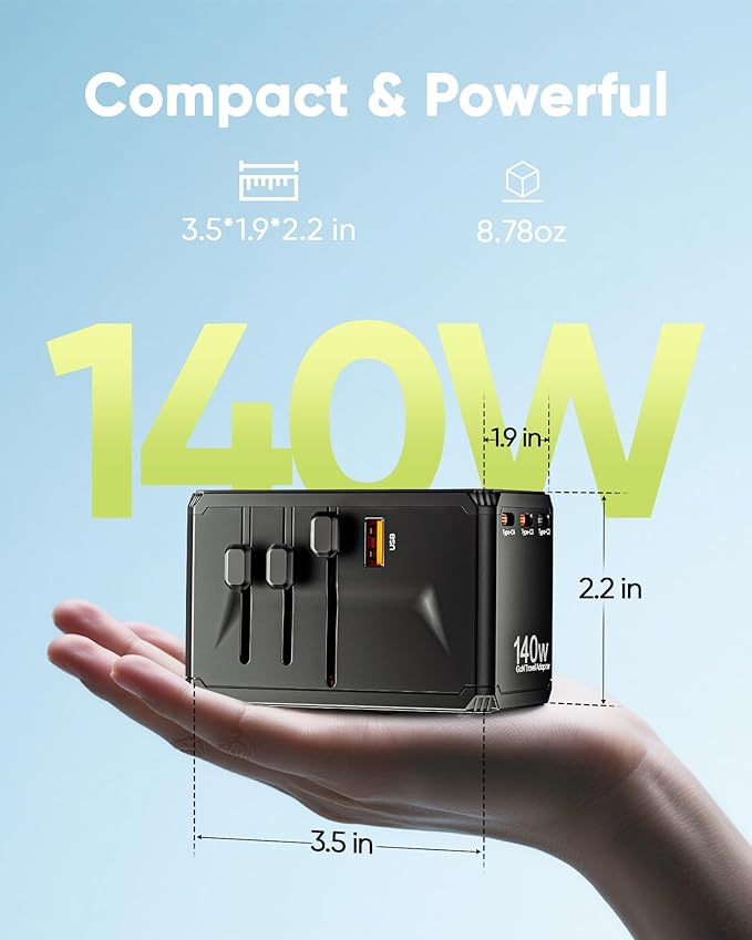 Universal Travel Adapter, 140W International Power Adapter with 4 USB-C & 1 USB-A Ports, European Travel Plug Adapter, Worldwide Travel Essentials for EU UK AUS USA