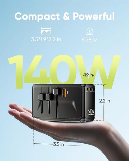 Universal Travel Adapter, 140W International Power Adapter with 4 USB-C & 1 USB-A Ports, European Travel Plug Adapter, Worldwide Travel Essentials for EU UK AUS USA