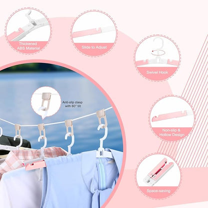 6 Pack Foldable Travel Hangers with Clips & Adjustable Clothesline, Portable Collapsible Hangers with Storage Bag for Suitcase, Hotel, RV, Cruise Essentials Set (Pink)