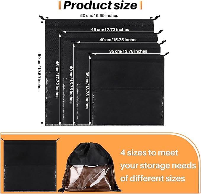 Shappy 12 Pcs Dustproof Drawstring Bags Purse Dust Storage Bags for Handbags Covers Non Woven Fabric Cloth Pouch String Packing Organizer Shoe Pouch(Assorted Sizes,Black)