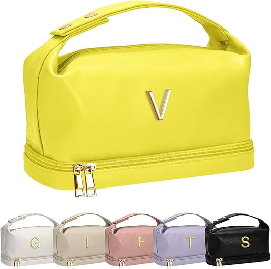 Trendy Gifts for Women, Personalized Makeup Bag with Handle, Initial Double Layer Cosmetic Bag with Makeup Brush Organizer, Cute Cosmetic Pouch for Women, Gifts for Friends Female Mom