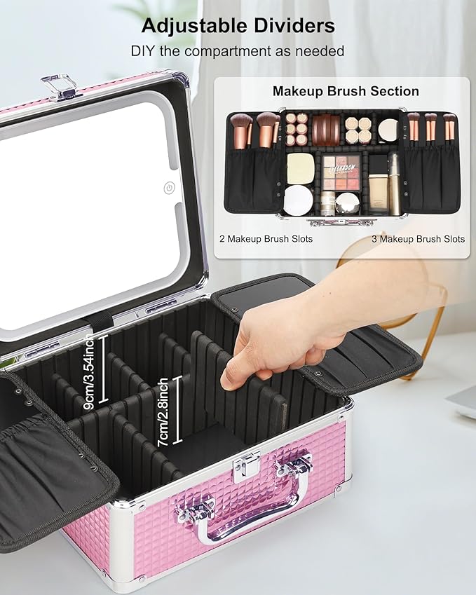 Relavel Makeup Bag with LED Mirror, Makeup Box Travel Train Case with Rechargeable Lighted Mirror, Cosmetic Brush Organizer Storage for Makeup Artists Gifts for Women and Girls, Pink