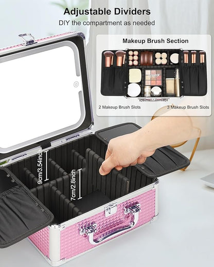 Relavel Makeup Bag with LED Mirror, Makeup Box Travel Train Case with Rechargeable Lighted Mirror, Cosmetic Brush Organizer Storage for Makeup Artists Gifts for Women and Girls, Pink