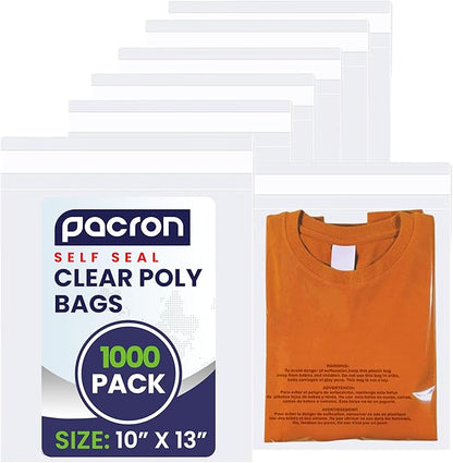 1000 Packs Clear Poly Bags 10"x13" – Self Seal Plastic Bags for Packaging, Shipping & Storage | Durable & Strong Resealable Bags with Suffocation Warning | Clear Packaging Bags for Shopping & Retail