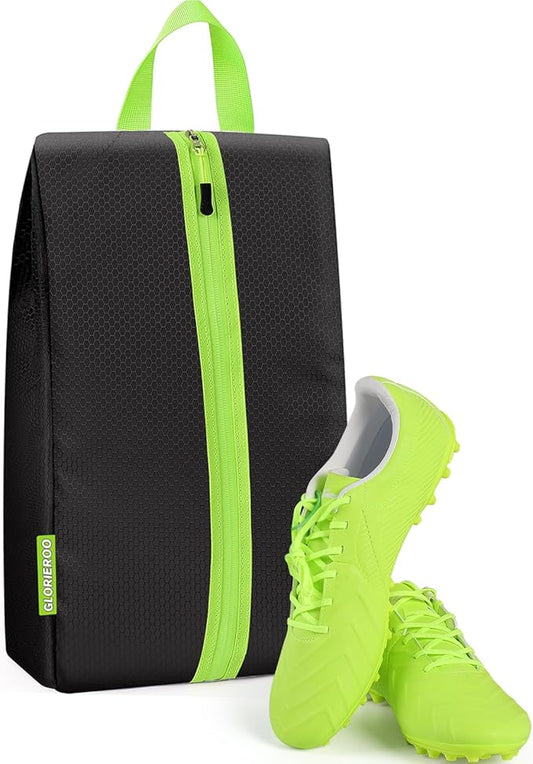 Smell Proof Shoe Bags for Travel-Soccer Cleat Bag Smell Proof with Active Carbon Fabric | Odor-Absorbing Water-Resistant Track Shoe bags for Sports (Black with Green, UP TO US14)