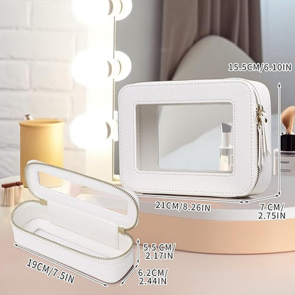 Pinkmik Travel Clear Makeup Bag with Brush Case TSA Approved Toiletry Bag Waterproof Cosmetic Organizer with Zipper Car Essential for Women (White, M+SLIM)