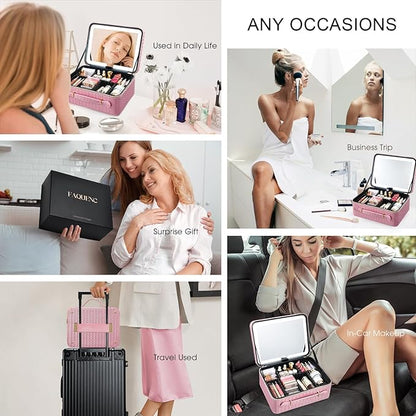 Leather Makeup Case with LED Lighted Mirror 11.4 Inch Travel Makeup Bag Adjustable Brightness in 3 Colors Cosmetic Organizer Artist Storage Bag with Dividers Brush Holder Bag Vanity Shiny Pink