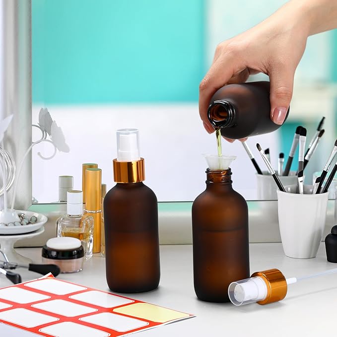 Fumete 36 Pcs Glass Spray Bottles 4oz Fine Mist Glass Spray Bottle Refillable Liquid Containers with 6 Labels 6 Funnel for Hair Travel Plants Cleaning Solutions Skin Care(Amber,Frosted)