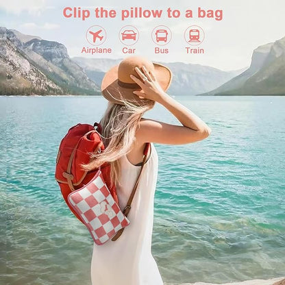 Travel Blanket and Pillow Compact, Premium Soft 2 in 1 Airplane Blanket with Soft Bag Pillowcase，Hand Luggage Sleeve and Backpack Clip (Ckeckered Pink)